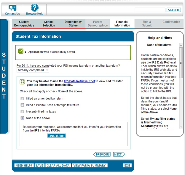 Screenshot from the IRS Data Retrieval Process for Student Tax Information
