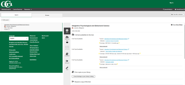 Screenshot of an example of how to use WorldCat A to Z to determine which library database contains the desired journal and its coverage dates.