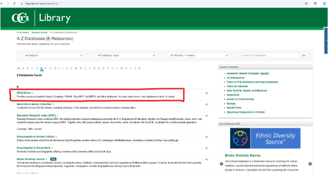Screenshot highlighting the location of the EBSCHOhost database using the A-Z Databases (E-Resources) page.