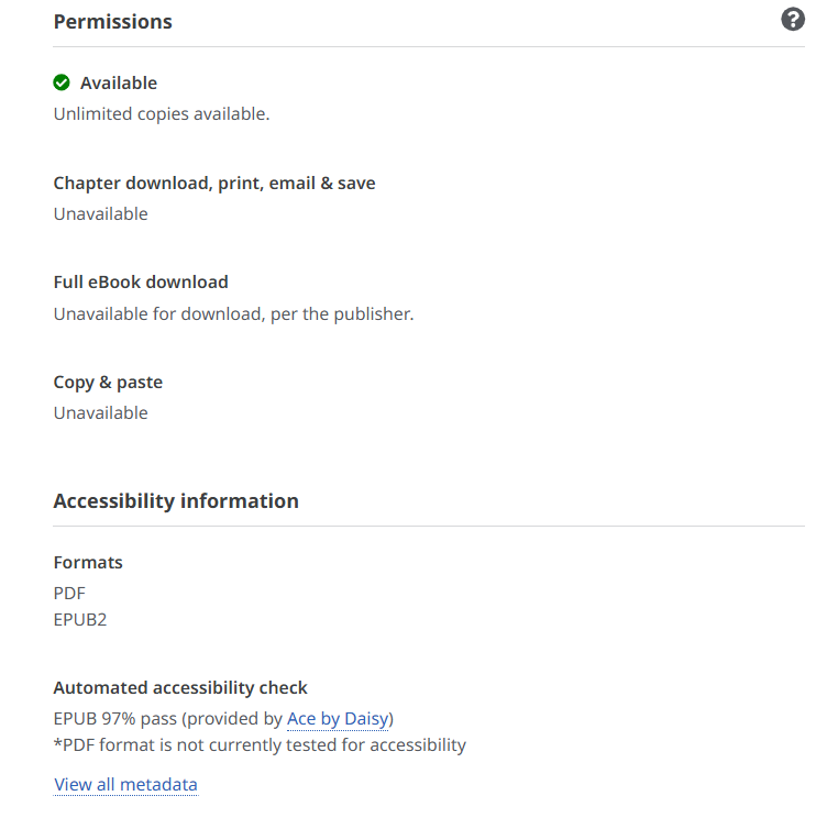 Screenshot of the Permissions status of a search result (e.g., full eBook download, chapter download, copy & paste).