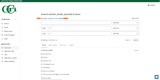 Screenshot highlighting the location the feature that allows the user to select the EBSCOhost database they wish to conduct their search in. 