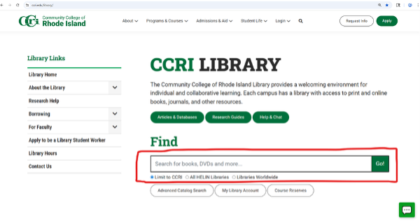 Screenshot of the library's home page highlighting the location of the catalog's search box. 