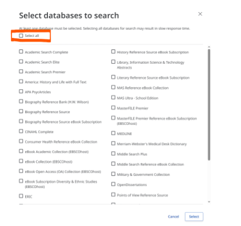Screenshot highlighting the location of the Select All box which allows the user to search all EBSCOhost databases. 