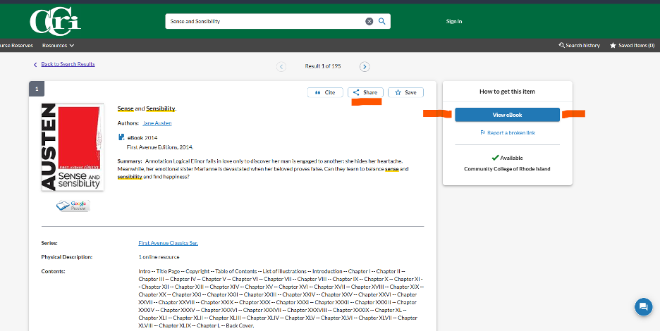 Screenshot highlighting the locations of a shareable link and the View eBook option in a search result.