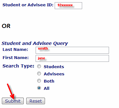 Student name or ID search screen