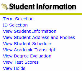 image of the Student Information menu