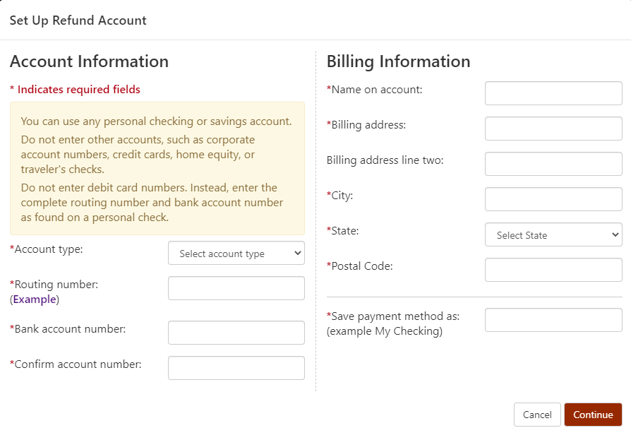 image of the Refund Account form