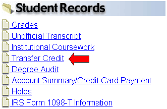Student Records menu with Transfer Credit link highlighted