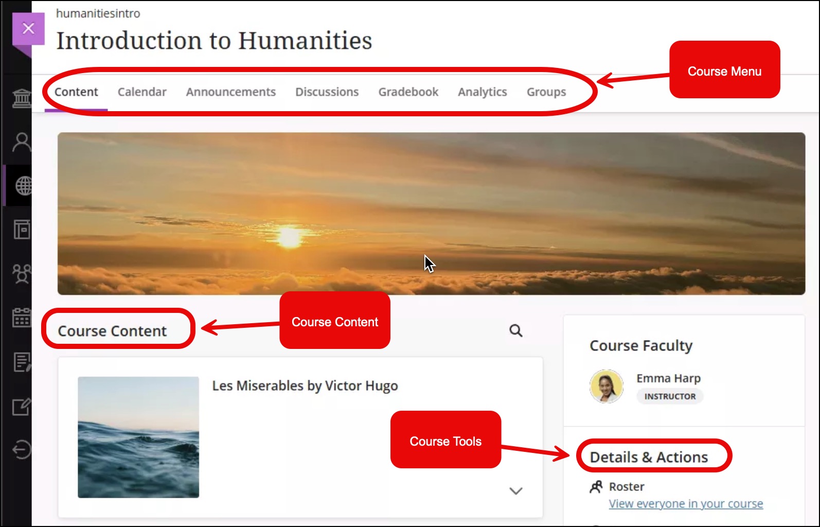 Ultra Course View View of Ultra Course where the course menu appears at the top of the course and the tools menu appears to the right. Course content appears below the course banner.